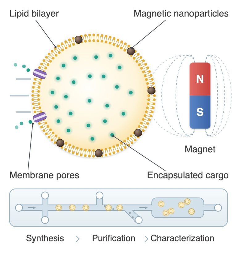 Illustration of a giant vesicle artificial cell with magnetic nanoparticles, membrane pores and encapsulated cargo next to a magnet, above a microfluidic chip for synthesis, purification and characterization